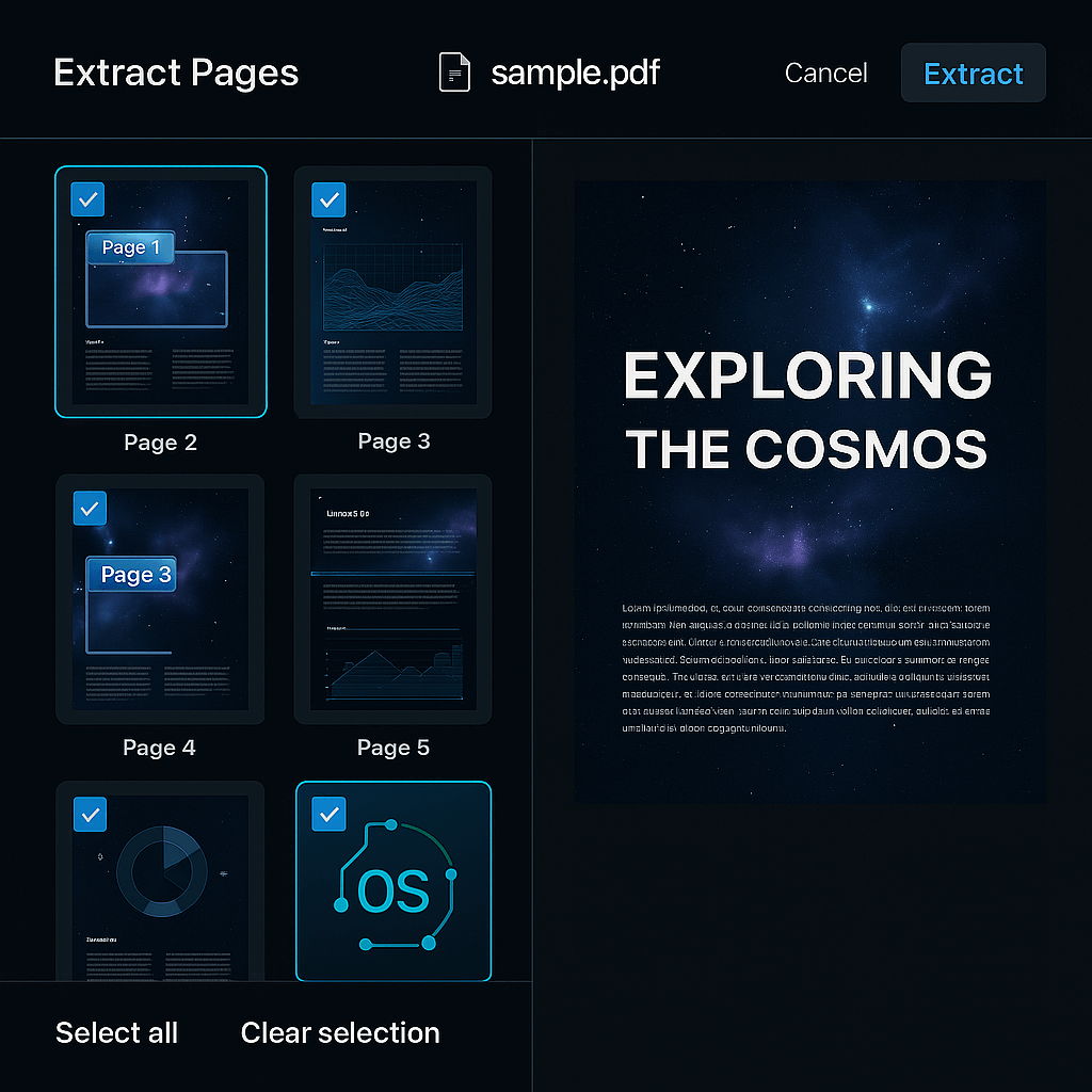 An interface showing a user selecting specific pages to extract from a PDF document.