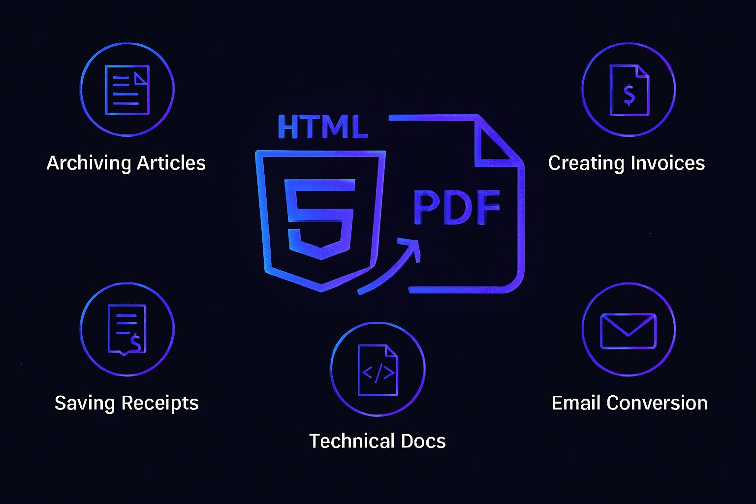 An infographic illustrating common use cases for an HTML to PDF converter, such as archiving articles, creating invoices, and saving reports.