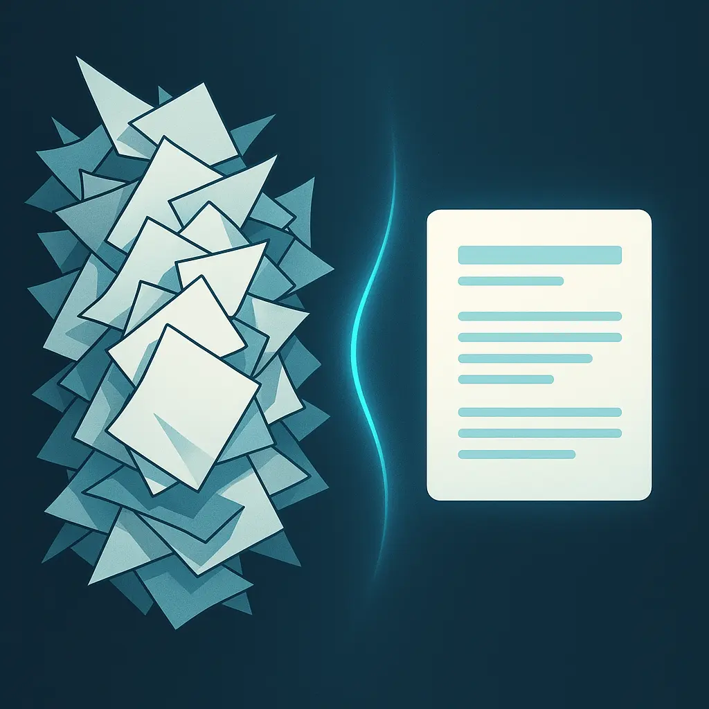 Abstract graphic showing cluttered papers transforming into a single, organized digital document.