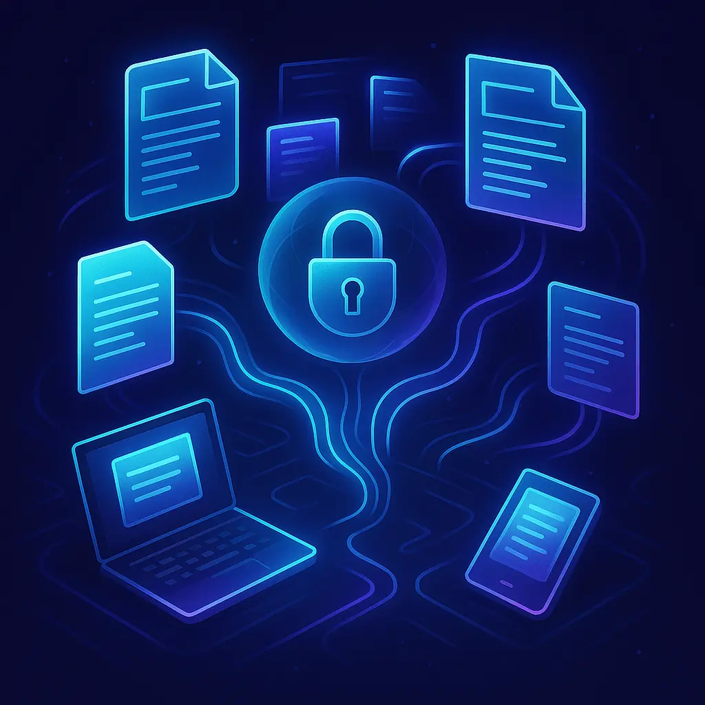 Futuristic graphic with glowing holographic documents and a secure digital core.